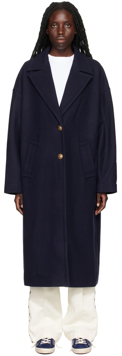 Golden Goose Heraldic Buttons Single-breasted Cocoon Coat In Blue