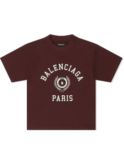 Balenciaga Kids' College 1917 Cotton T-shirt In Burgundy