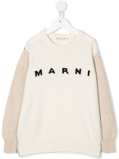 Marni Teen Intarsia-knit Panelled Jumper In White