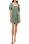 Row A Ruched Bust Puff Sleeve Mini Dress In Olive