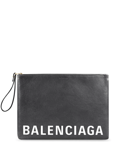 Balenciaga Logo-print Leather Pouch In Black