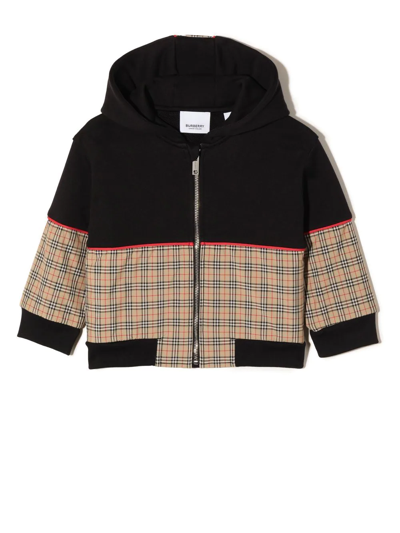 Burberry Kids' Sweatshirt With Zip And Hood In Terry-effect Cotton With Pattern And Check Inserts In Black