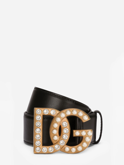 Dolce & Gabbana Calfskin Belt With Bejeweled Dg Logo In Black_multicolor