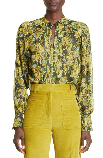 Victoria Beckham Chain-embellished Floral-print Woven Blouse In Khaki Light Blue