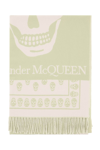 Alexander Mcqueen Skull-print Branded Wool Scarf In Green,beige