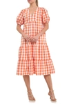 English Factory Gingham Tiered Puff Sleeve Cotton Midi Dress In Orange