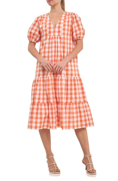 English Factory Gingham Tiered Puff Sleeve Cotton Midi Dress In Orange