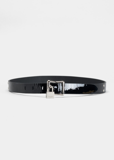 Saint Laurent Ysl Padlock Patent Leather Belt In Nero Nero