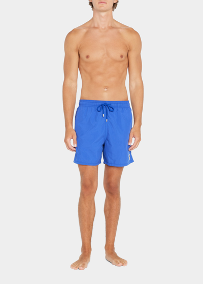 Palm Angels Men's Solid Palm-patch Swim Trunks In Blue