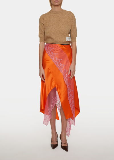 Meryll Rogge Asymmetric Hem Lace Detail Silk Charmeuse Slip Skirt 