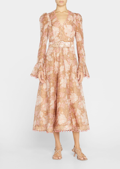 ZIMMERMANN FLORAL PUFFED-SLEEVE BELTED MIDI DRESS WITH BEADED TRIM 
