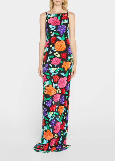 Naeem Khan Floral Sequin Embroidered High-neck Gown In Black Multi