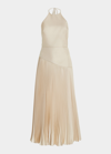 BRANDON MAXWELL ASYMMETRIC PLEATED HALTER MIDI DRESS