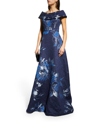 Rickie Freeman For Teri Jon Off-shoulder Metallic Flower Jacquard Gown In Navy Multi