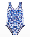 Dolce & Gabbana Girl's Mediterraneo Majolica One-piece Swimsuit In Maiolica 1