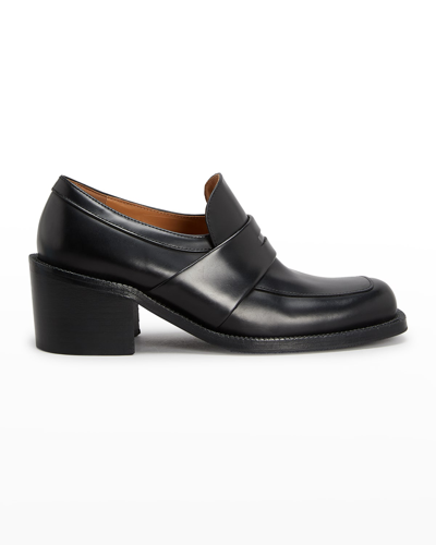 Dries Van Noten Calfskin Heeled Penny Loafers In 900 Black