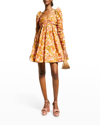 ZIMMERMANN VIOLET FLORAL EMPIRE MINI DRESS WITH RUCHED SLEEVES