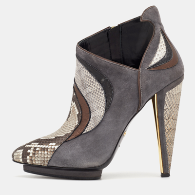 Pre-owned Roberto Cavalli Multicolor Snakeskin And Suede Ankle Boots Size 38.5 In Grey