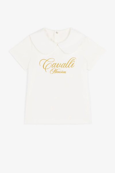 Roberto Cavalli Junior Babies' Embroidered-logo Peter Pan-collar T-shirt In White