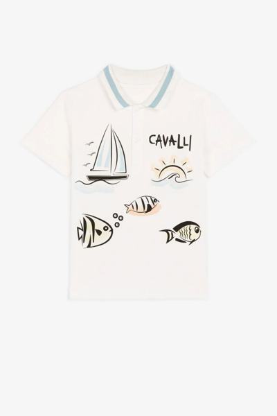 Roberto Cavalli Junior Babies' Seascape-print Cotton Polo Shirt In White