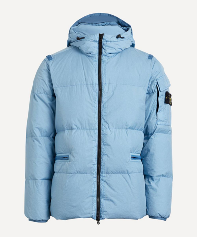 Stone Island Crinkle-texture Hooded Shell-down Jacket In Mid Blue