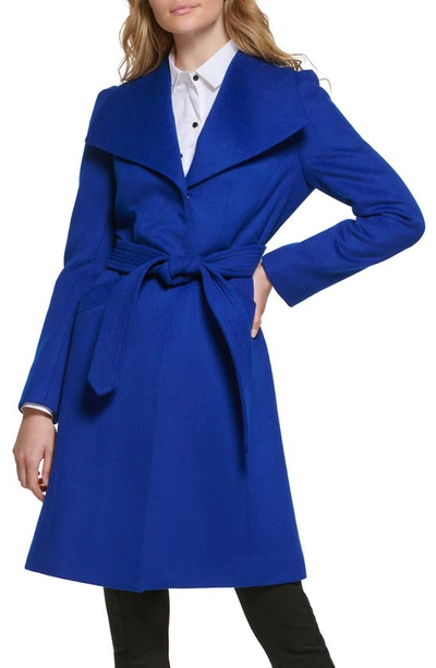 Karl Lagerfeld Puff Sleeve Belted Coat In Cobalt