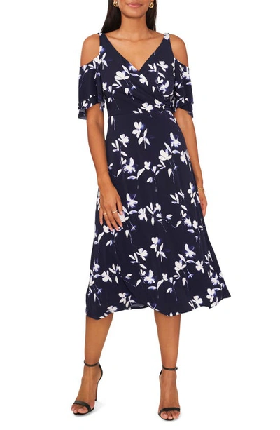 Chaus Cold Shoulder Floral Midi Dress In Evening Navy