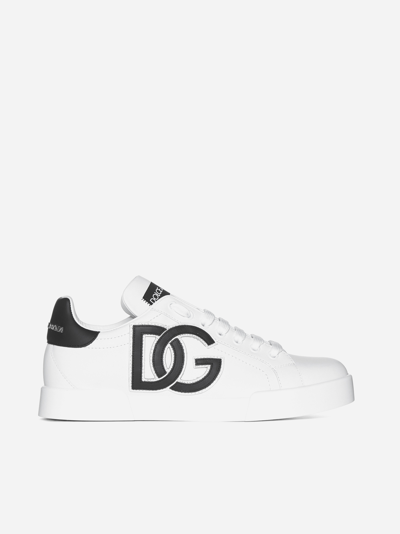 Dolce & Gabbana Portofino Sneaker In Calfskin With Dg Logo In White,black