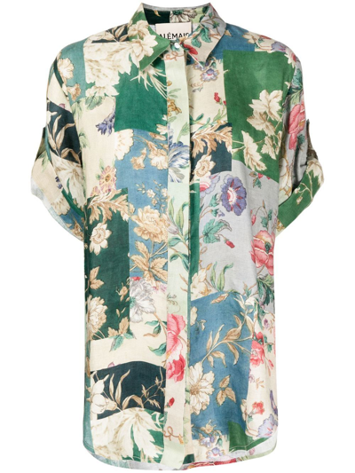 Alemais Loretta Floral-patchwork Linen Shirt In Sage Floral