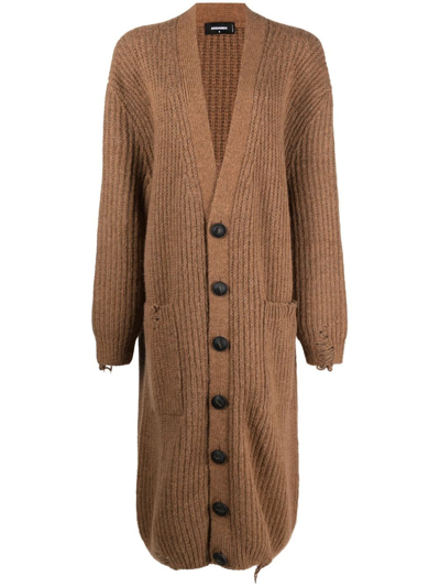 Dsquared2 Extra-long Distressed Knitted Cardigan In Brown