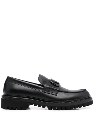 Valentino Garavani Black Leather Vlogo Signature Loafers In Multicolor