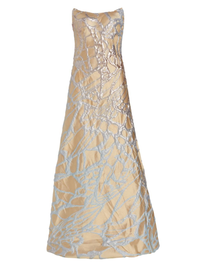Rene Ruiz Collection Metallic A-line Gown In Rose Gold Blue