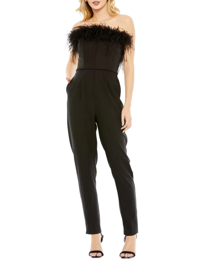 Mac Duggal Feather Trim Strapless Jumpsuit In Black