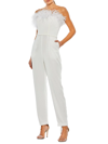 Mac Duggal Feather Trim Strapless Jumpsuit In White