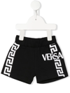 Versace Black Bermuda Shorts With White Greca Print And Logo Kids In Black