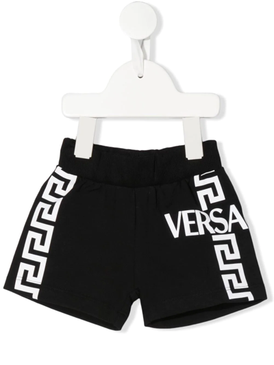 Versace Babies' Black Bermuda Shorts With White Greca Print And Logo Kids