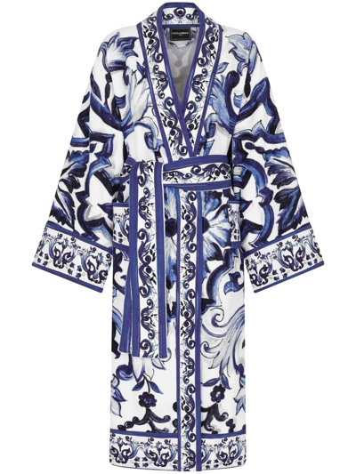 Dolce & Gabbana Graphic-print Long Sleeve Bathrobe In Blu