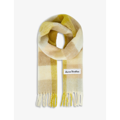 Acne Studios 'vally' Fringed Chequered Wool Blend Scarf In Pastel Yellow Beige