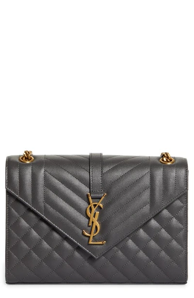 Saint Laurent Envelope Triquilt Medium Ysl Shoulder Bag In Grained Leather In Storm