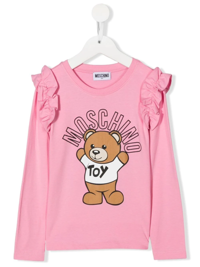 Moschino Kids' Teddy-print Ruffled T-shirt In Pink