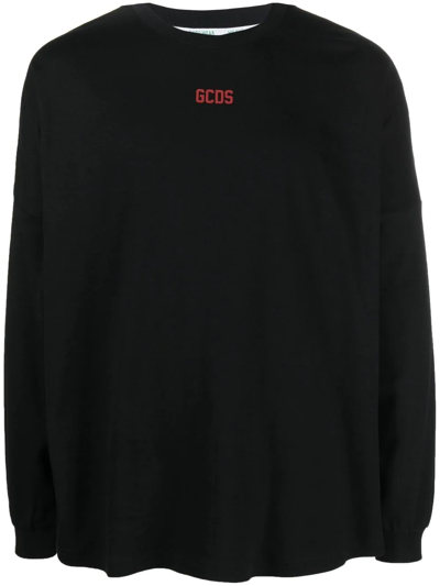 Gcds Long-sleeved Logo-print T-shirt In Black