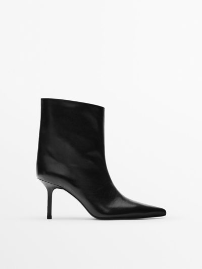 Massimo Dutti Leather High-heel Ankle Boots With Wide Leg In Black