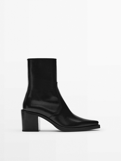 Massimo Dutti Leather Square Heel Ankle Boots In Black