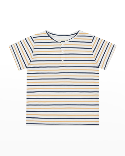 Vild - House Of Little Kid's Cotton Henley Shirt In Mustard/navy Stri