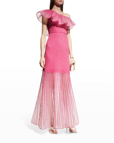 St John One-shoulder Ruffle Sheer Striped Gown In Hot Pink