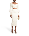 Lapointe Ostrich Feather Trim Long Sleeve Crossover Cutout Midi Dress In Cream