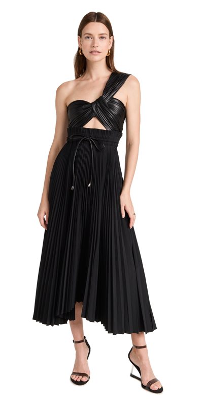 A.l.c Addie One-shoulder Pleated Vegan Leather And Shell Midi Dress In Black/black