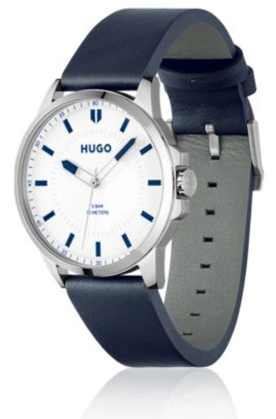 Hugo White Dial Watch With Blue Leather Strap Men's Watches In Assorted-pre-pack