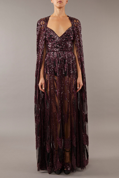 Elie Saab Cape Sleeve Embroidered Tulle Gown In Purple