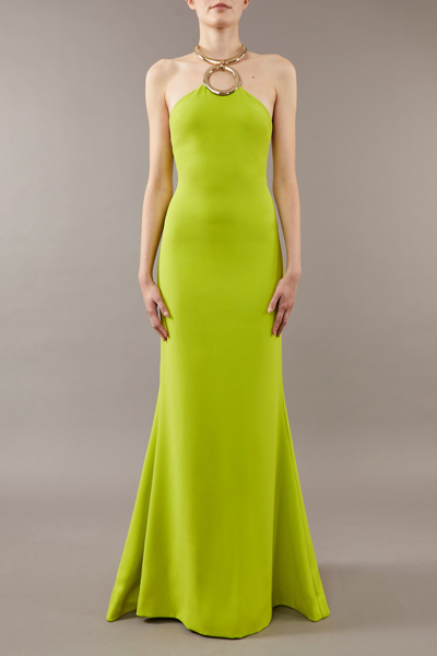 Elie Saab Tubular Choker Halter Crepe Gown In Lime Green